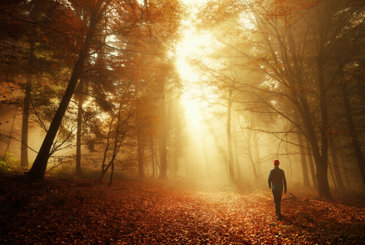 A man walking a sunlit forest path covered in fallen leaves